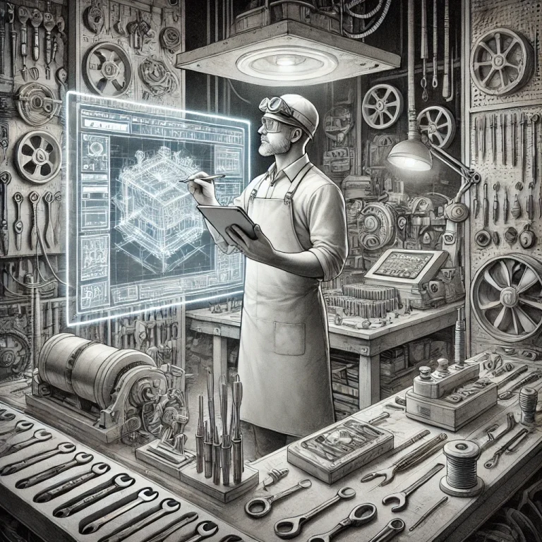 Digitales Handwerk: Präzision durch Technologie Illustration eines Handwerkers mit AR-Brille, der digitale Pläne analysiert – Symbol für digitales Handwerk und moderne Technologie im Bauwe