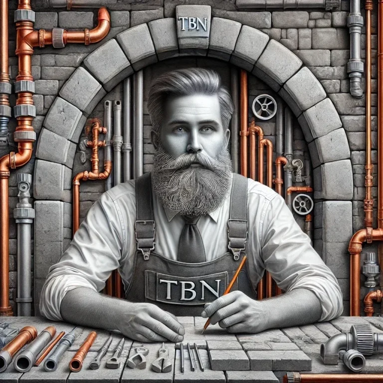 Effizienz ist kein Zufall – Handwerk mit System Illustration eines erfahrenen Handwerkers in einer Werkstatt, umgeben von Rohren und Zahnrädern – Symbol für durchdachte, effiziente Arbeits